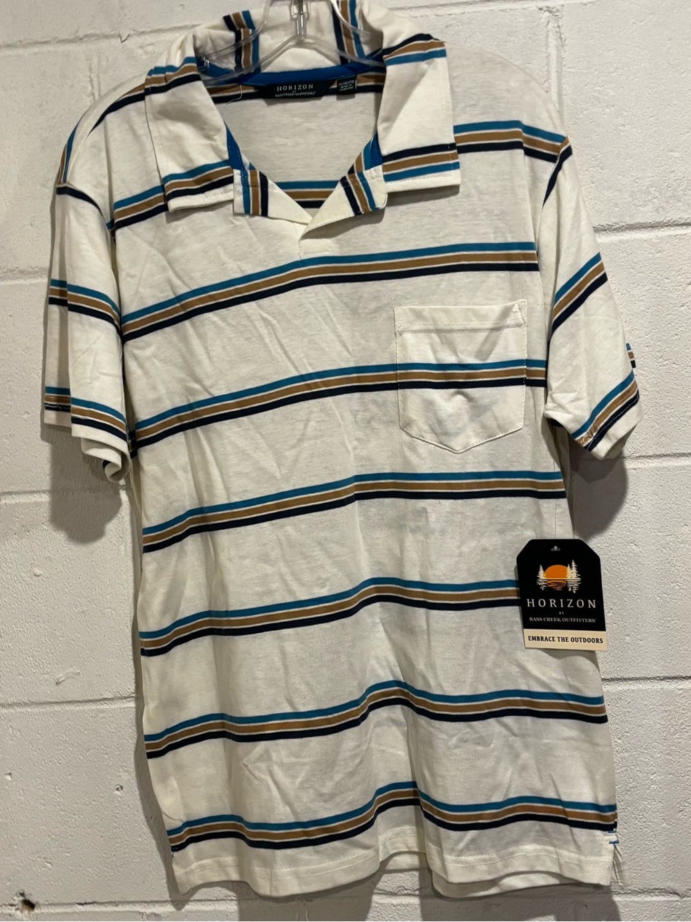 Horizon men’s polo shirt beige blue striped chest pocket size L